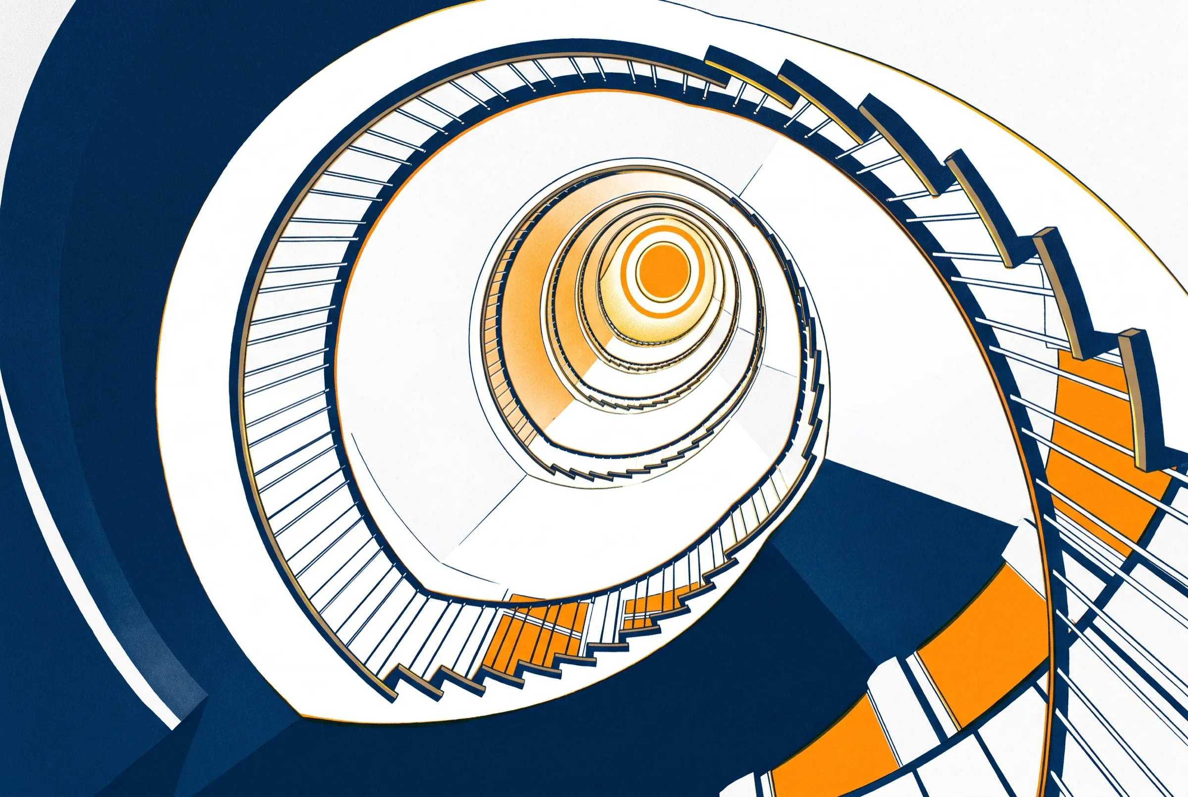The stairwell of the Nordsternhaus as a graphic drawing in navy, orange and white