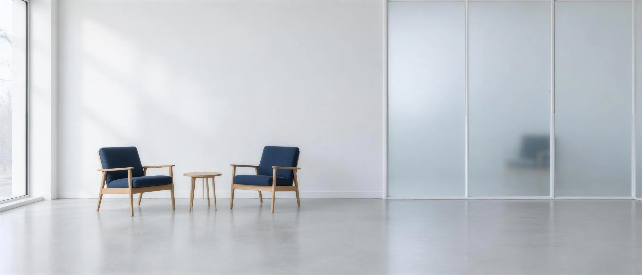Two armchairs with dark blue upholstery and a small table in a bright room, beside them a frosted glass wall behind which another armchair can only just be made out
