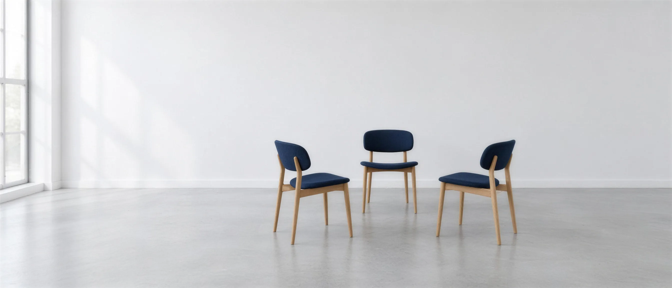 Three chairs with dark blue upholstery facing one another in a bright room